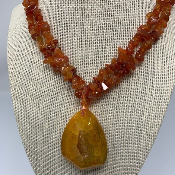 Amber Druzy Beaded Necklace Natural Statement Jewelry - Picture 1 of 12